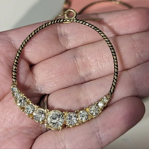 Vintage Gold Rhinestone Hoop Earrings - Picture 2 of 6